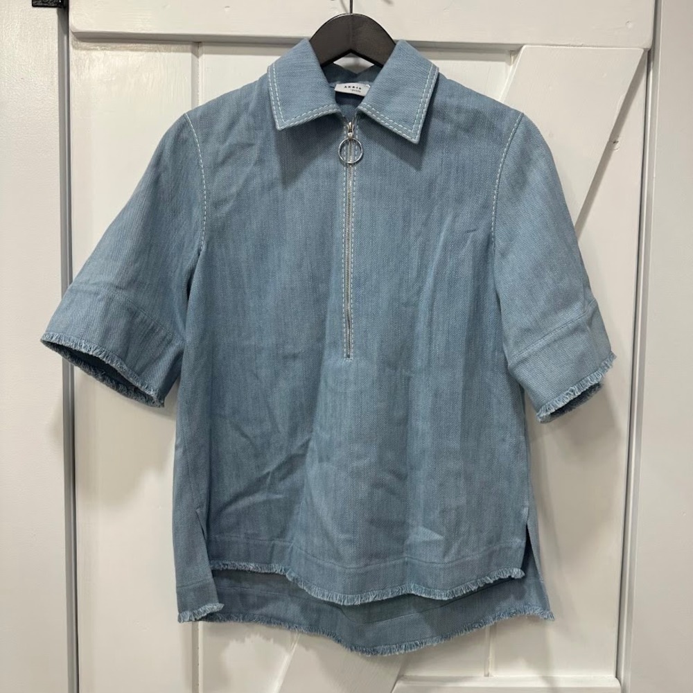Akris Punto Womens Top Size 4 Light Blue Bleached Denim Cotton Blouse Frayed NEW
